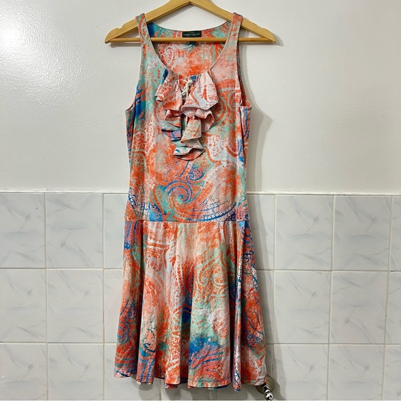 LRL S Coral Pink Blue Paisley Lace Up Tie Dye Drop Waist Ruffle Boho Y2K Dress - Picture 1 of 8